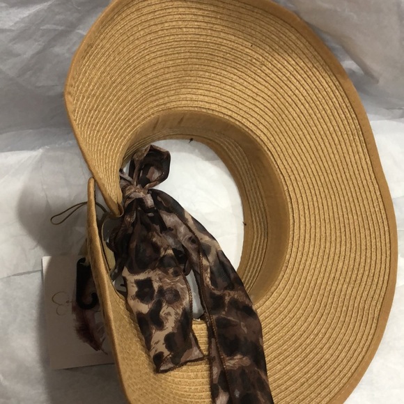 Jessica Simpson tan faux straw packable visor summer hat with animal print scarf main image 14